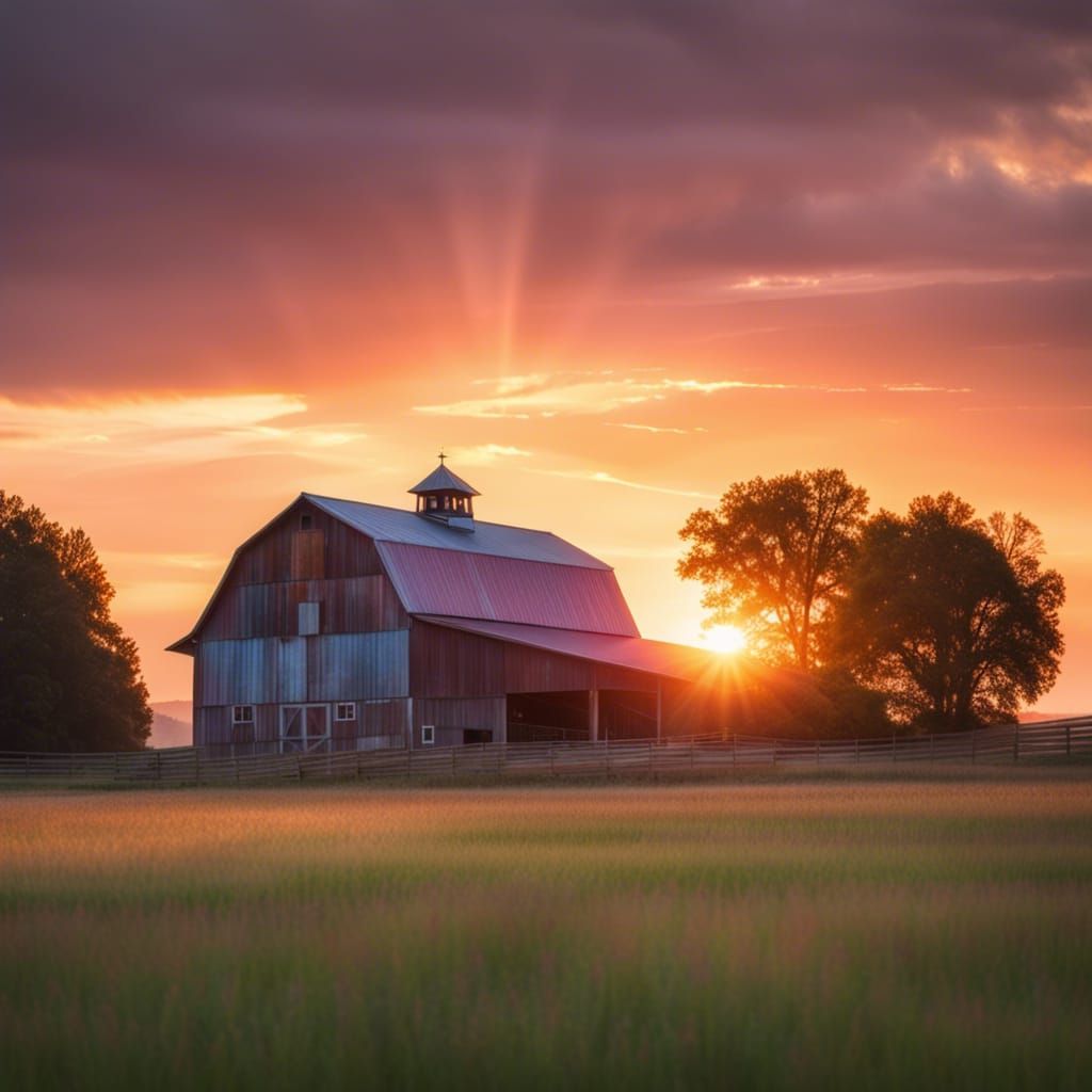 Pastel Sunset Over Farm Barn Photograph