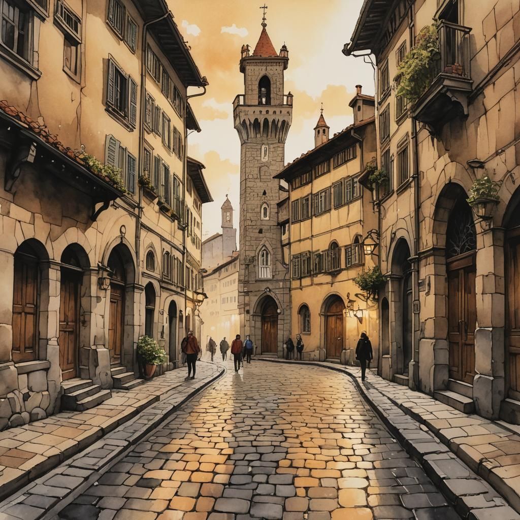 Florence-Inspired Cobblestone Street in Black Ink