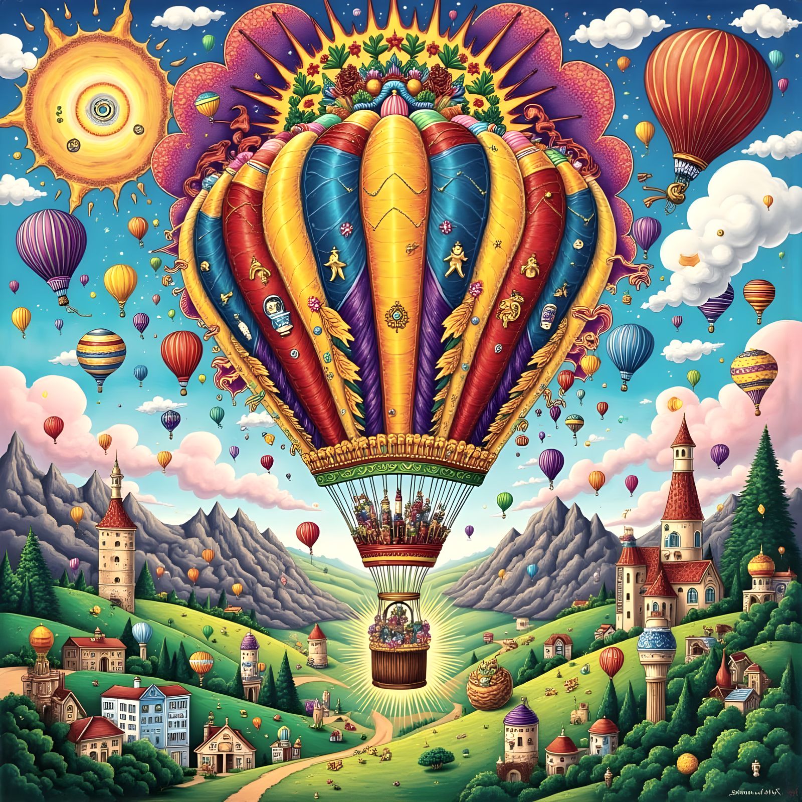 Hot Air Balloon Explosion in 1930s Cartoon Style