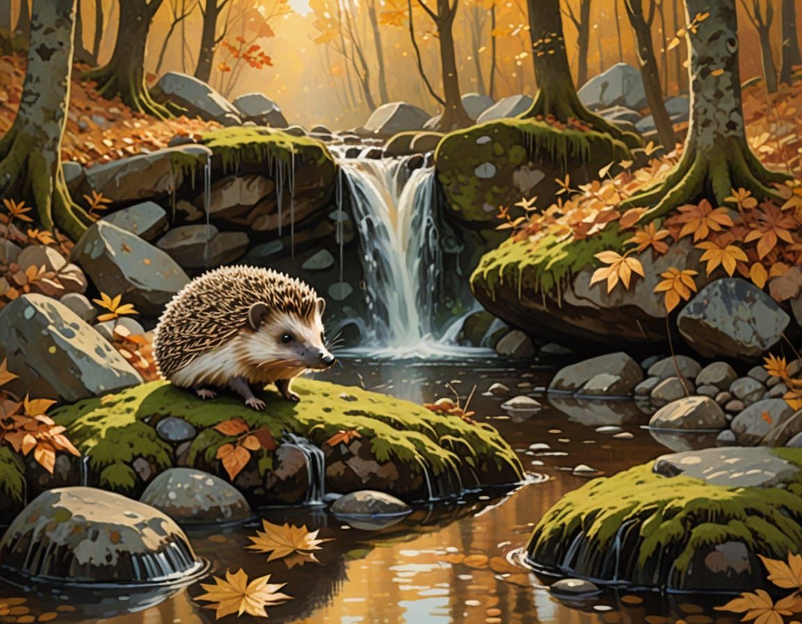 Hedgehog by Autumn Waterfall in Storybook Style