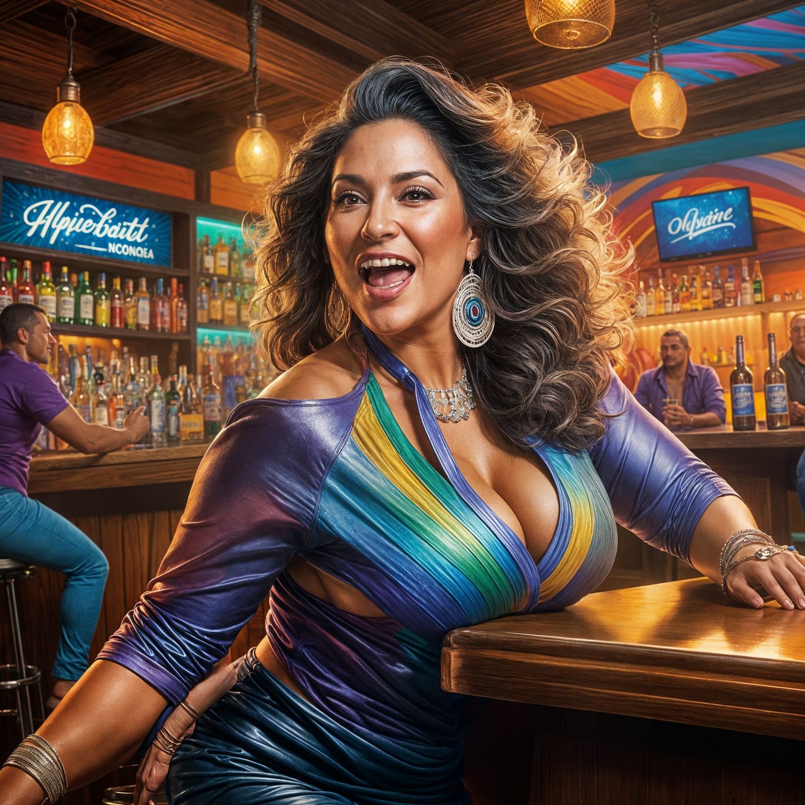 Latina Woman Dancing in a Bar: Hyperrealistic Splash Art