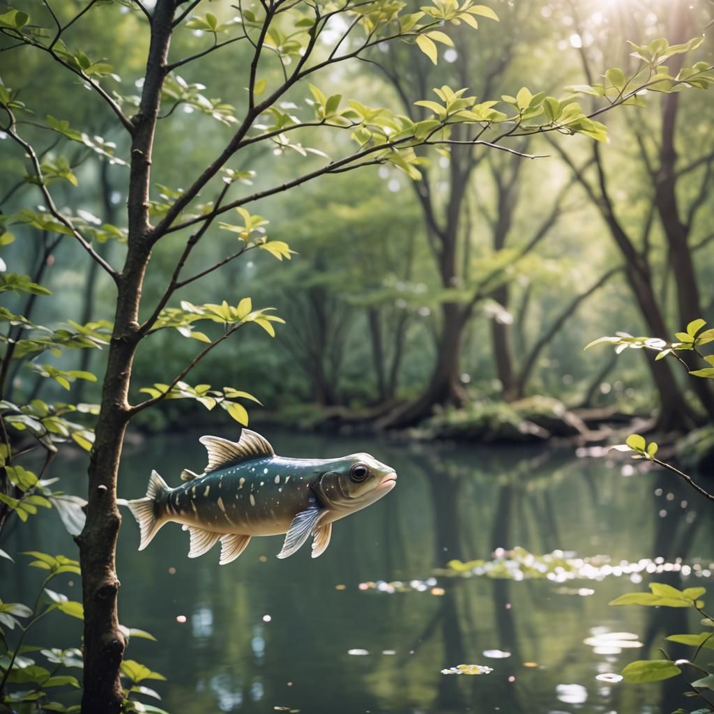 Realistic Kawaii Creature Exploring Treetop Waters