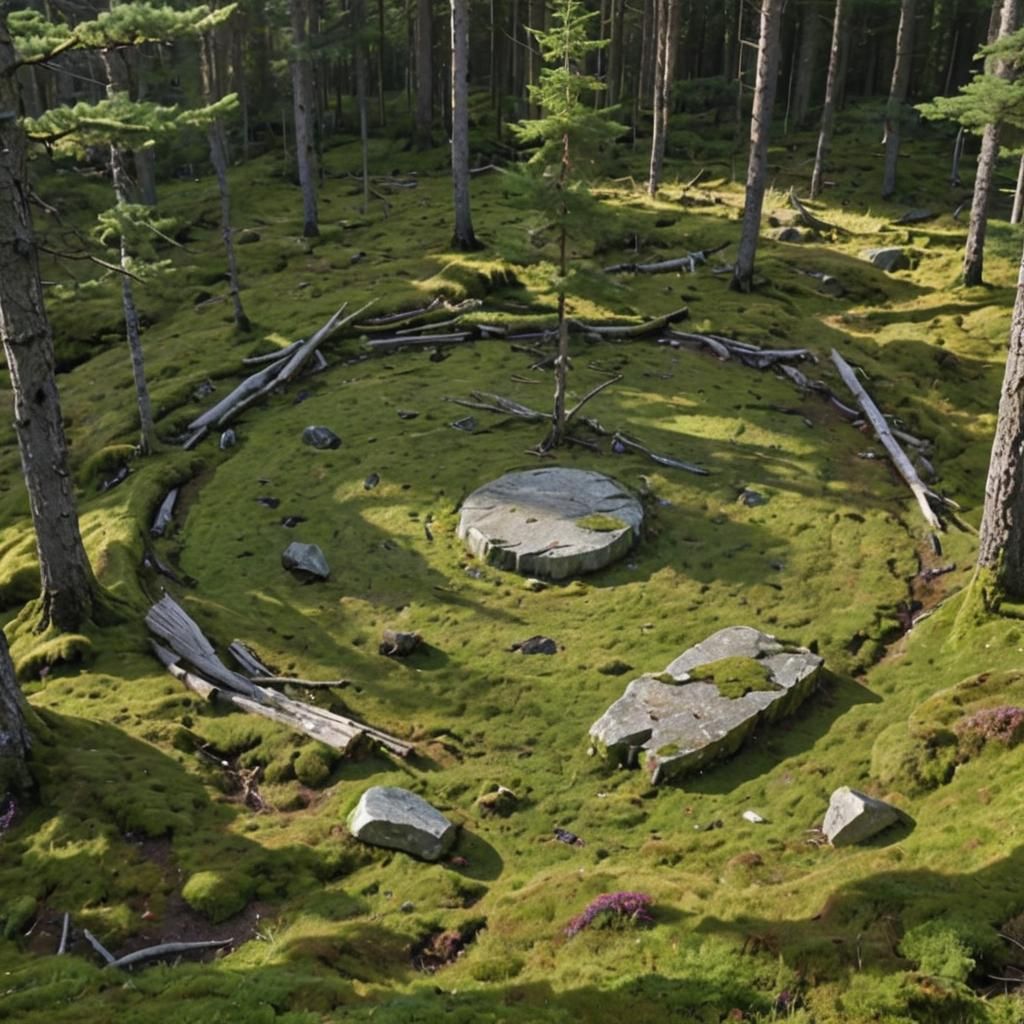 Sunlit Forest Clearing with Ancient Stone