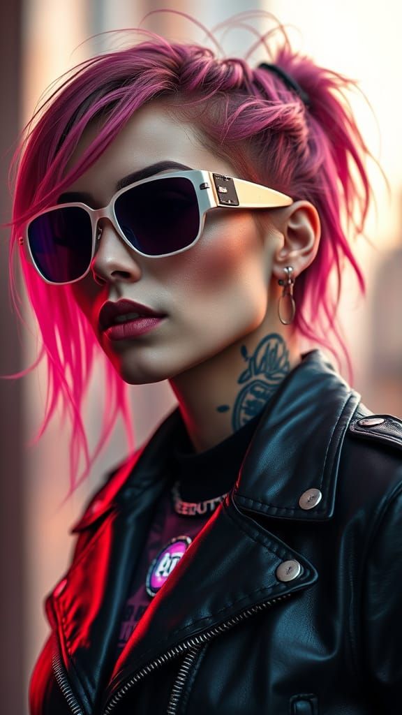 Cyberpunk Woman in Neon Armor, Robotic Implants and Face Tat...