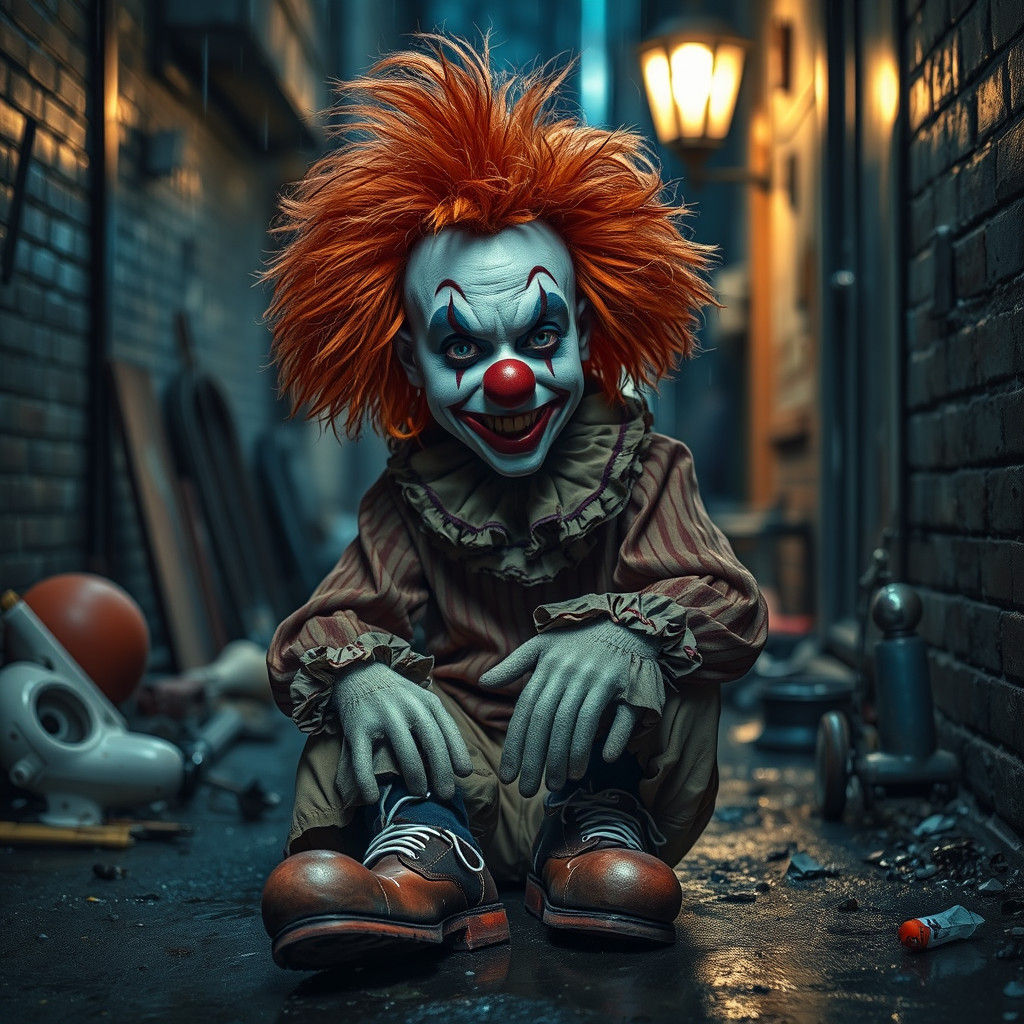 Melancholic Clown in Rainy Alleyway, Cinematic HDR