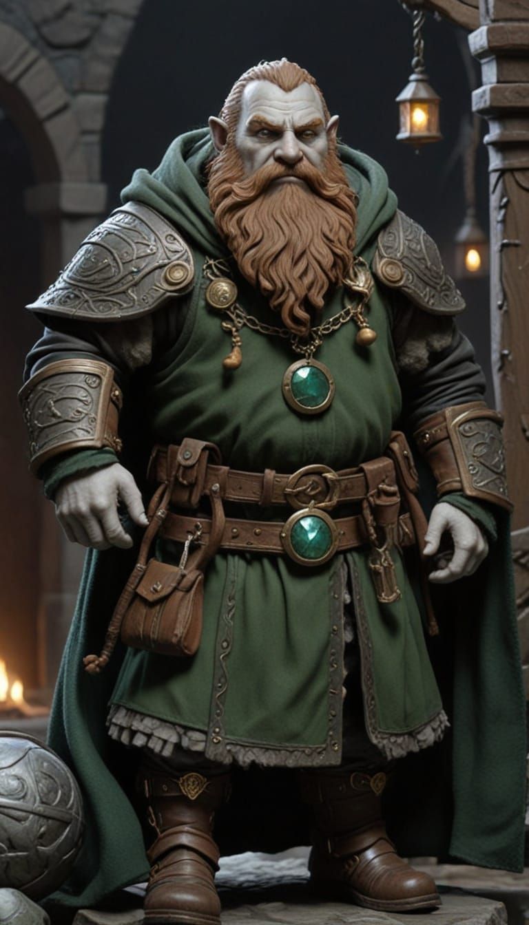 Fantasy Dwarf with Magic Staff and Stone Gate