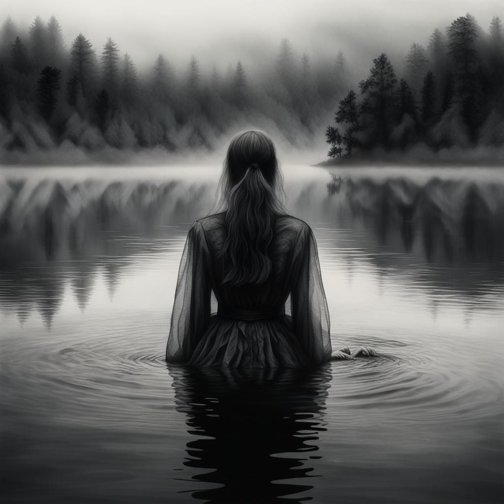 Ghostly Lady in Misty Lake: Charcoal Drawing