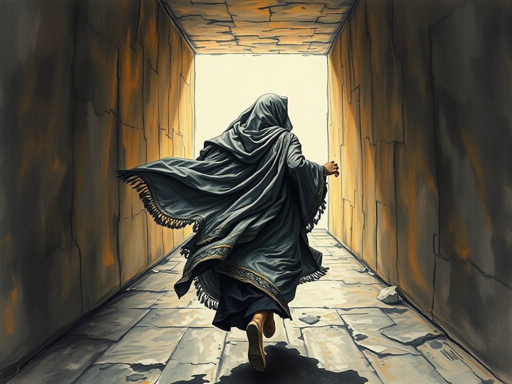 Woman Running Through Endless Tunnel, Gouache Charcoal Drawi...