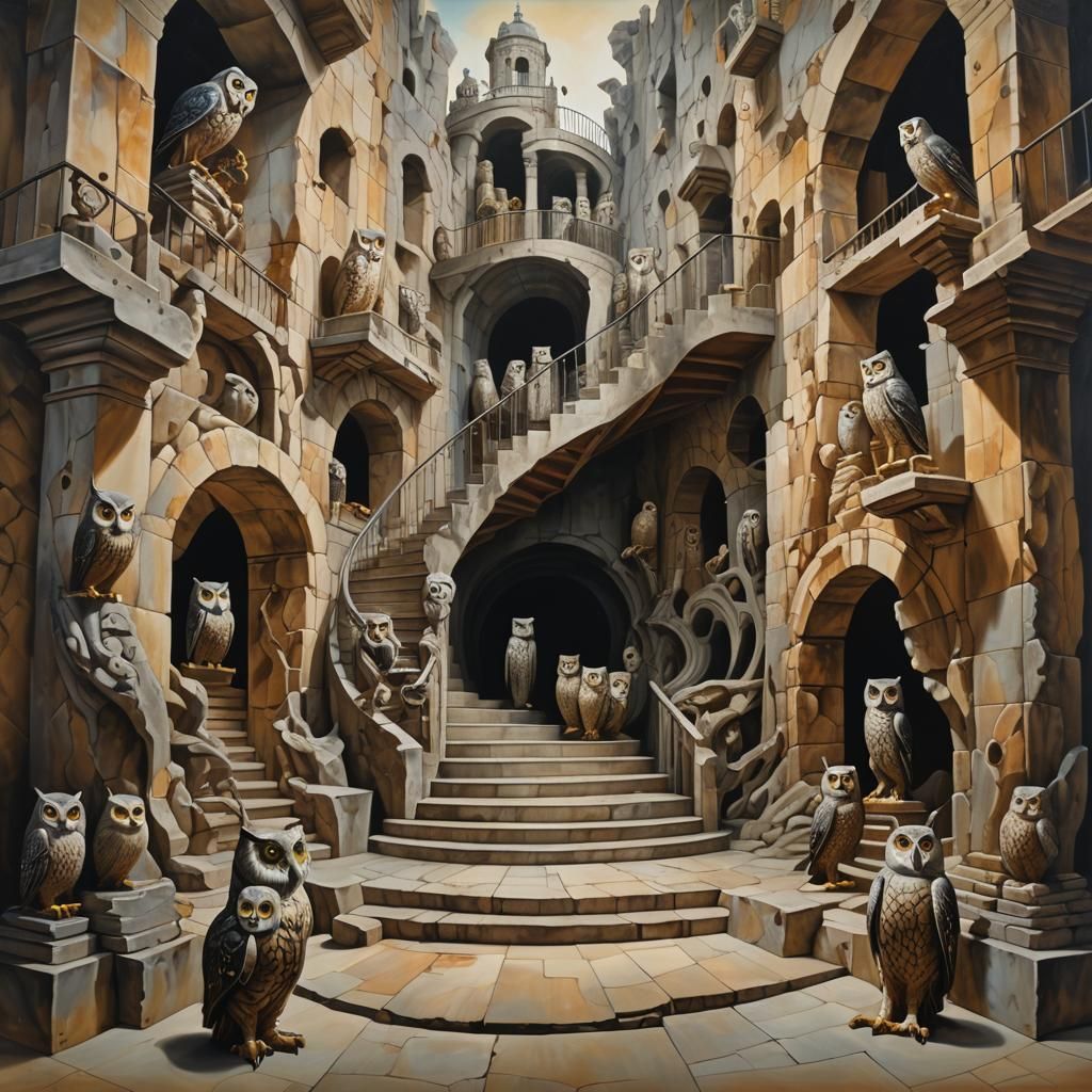 Surreal Underground Staircase with Owl Statues