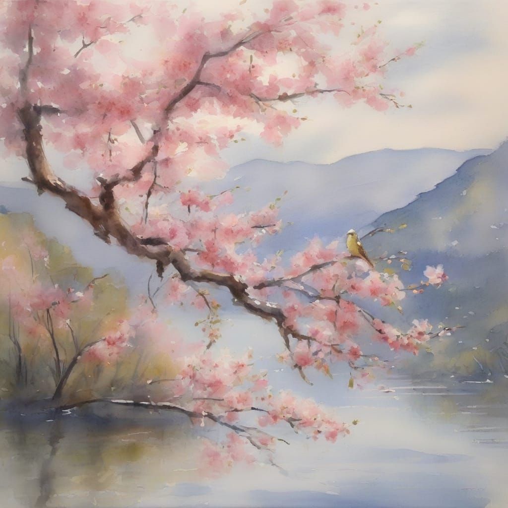 Elegant Watercolor Birds Amidst Cherry Blossoms