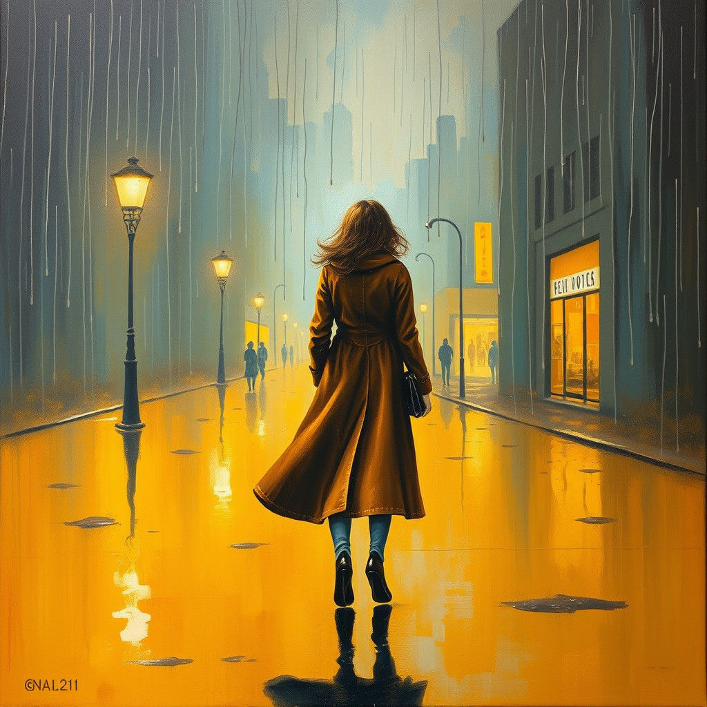 Girl in Long Coat in Rainy Surrealist Scene