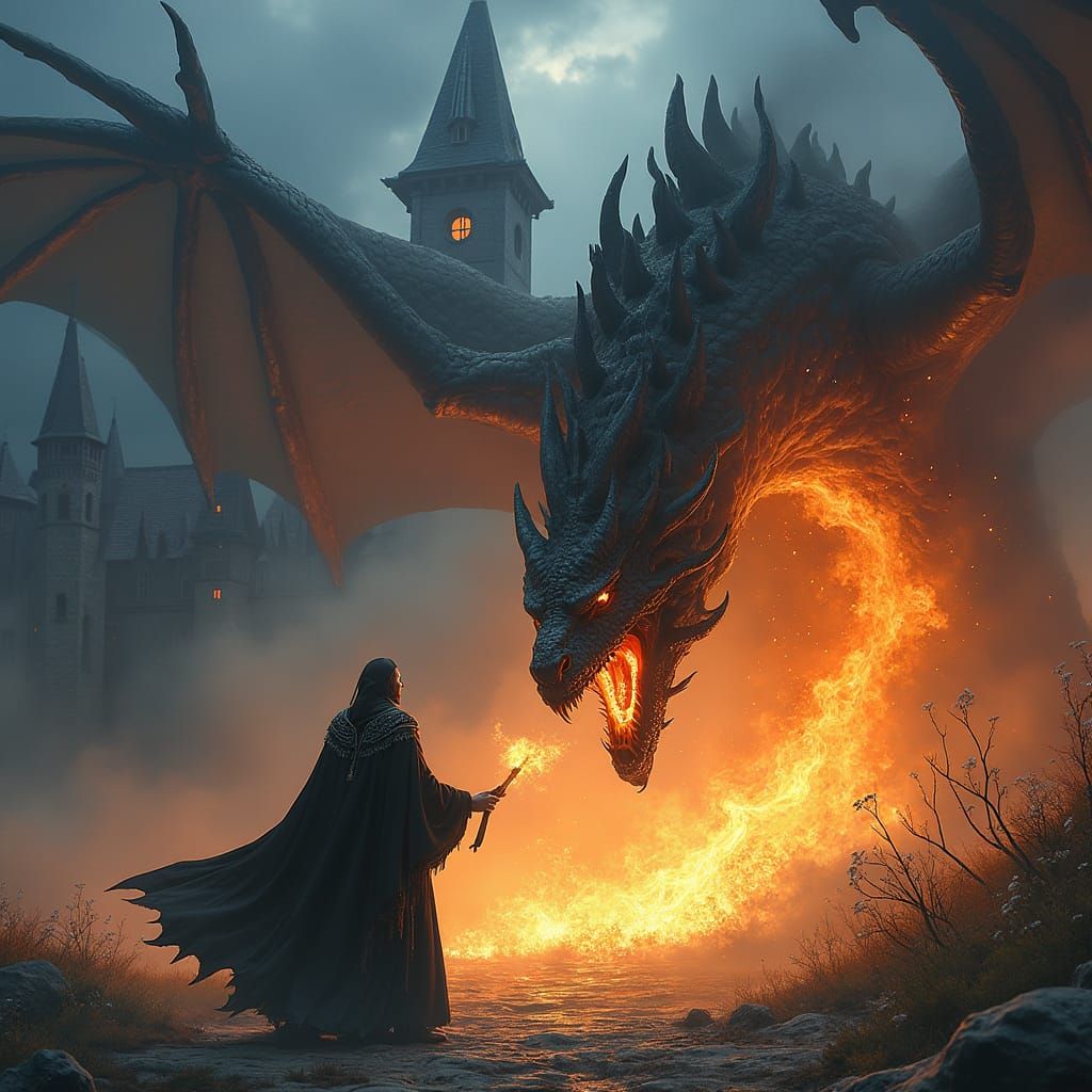 Mage Battles Dragon in Front of Castle as Digital Art
