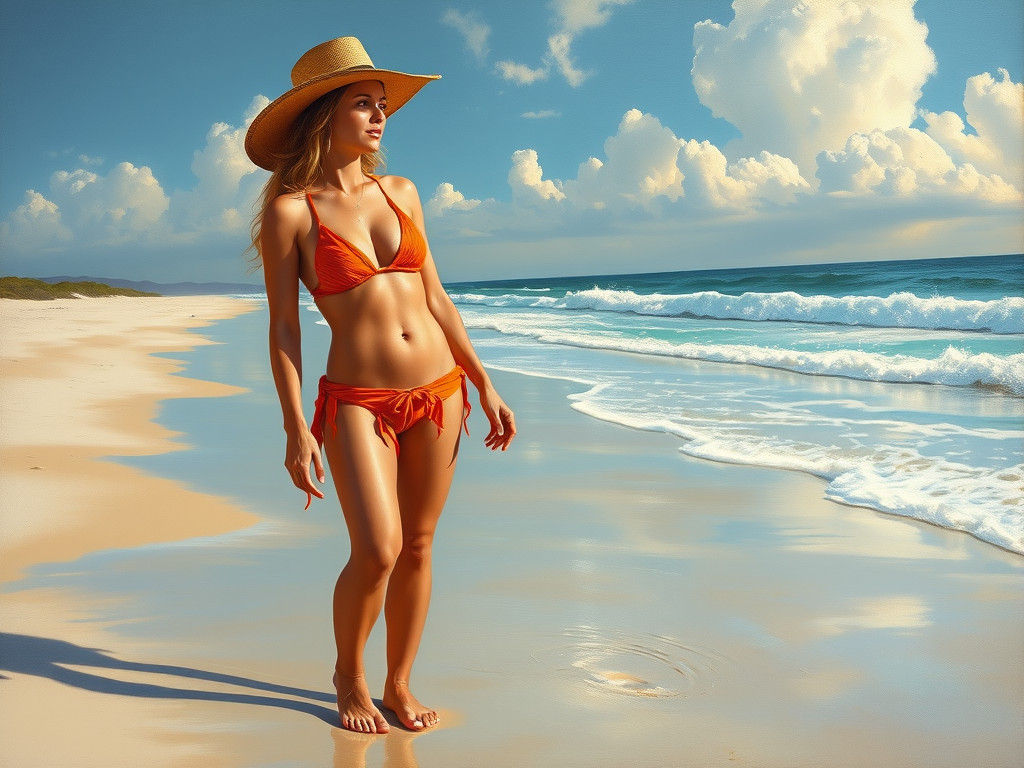 Barefoot Woman in Orange Bikini, Oil Painting