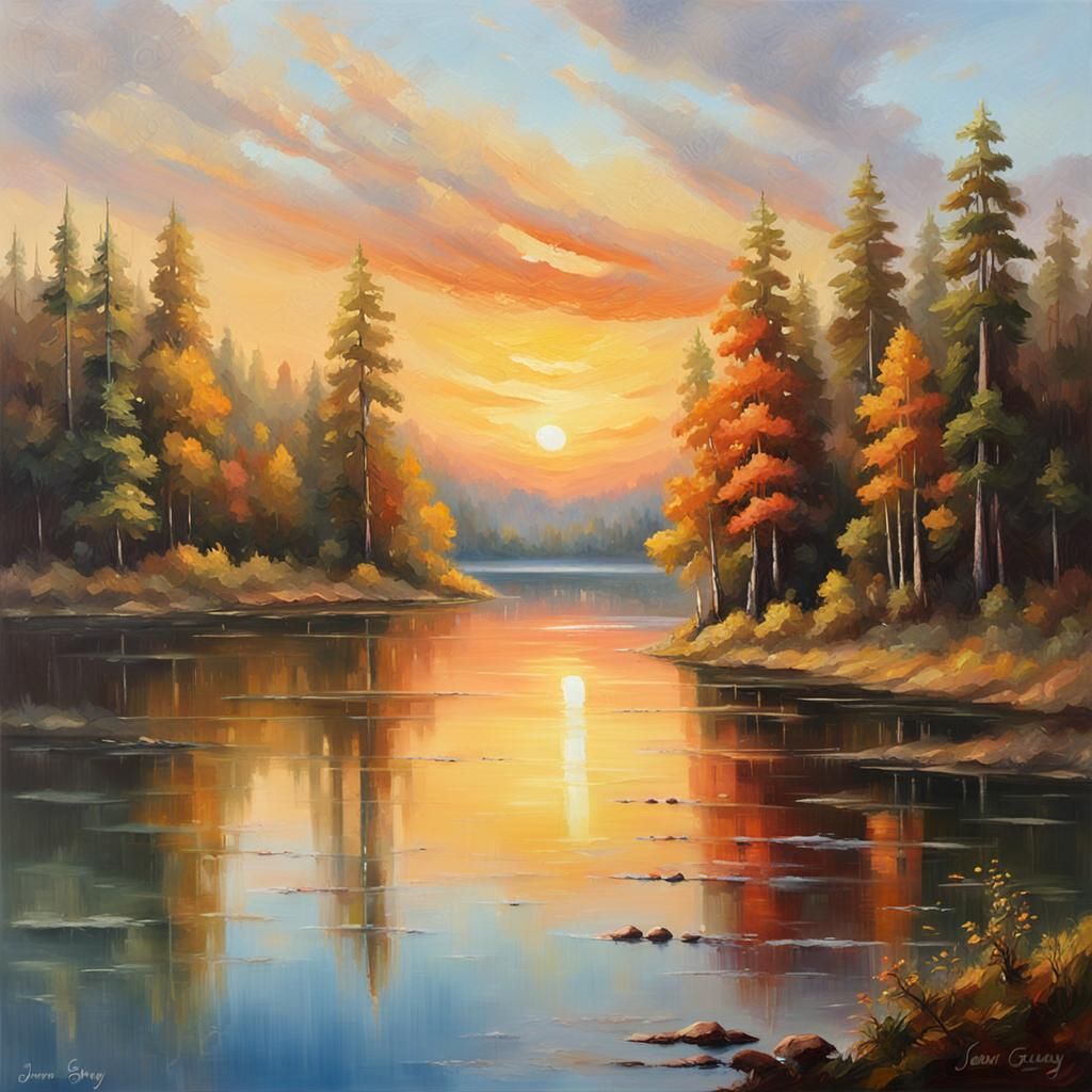 Lake at Sunset: An Impressionistic Oil Painting