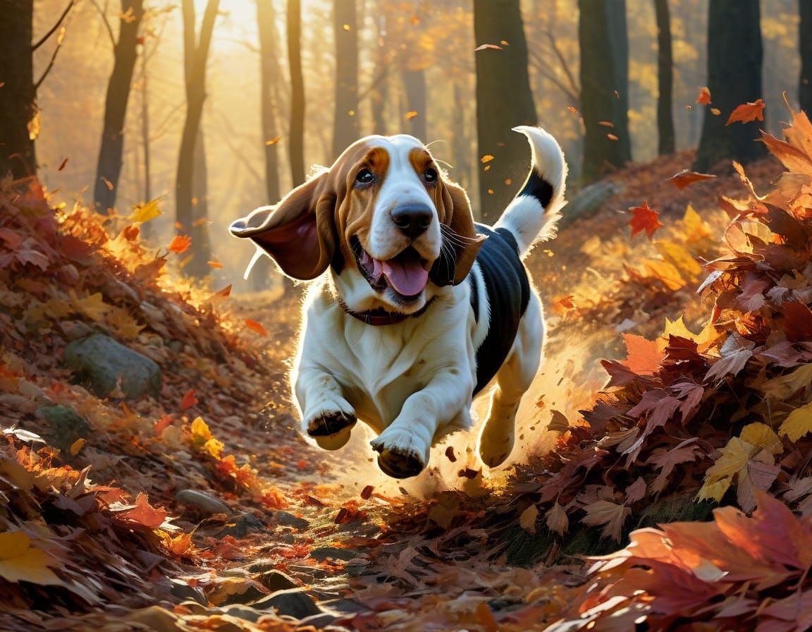 Basset Hounds Running Through Autumn Leaves in Ethereal Ligh...