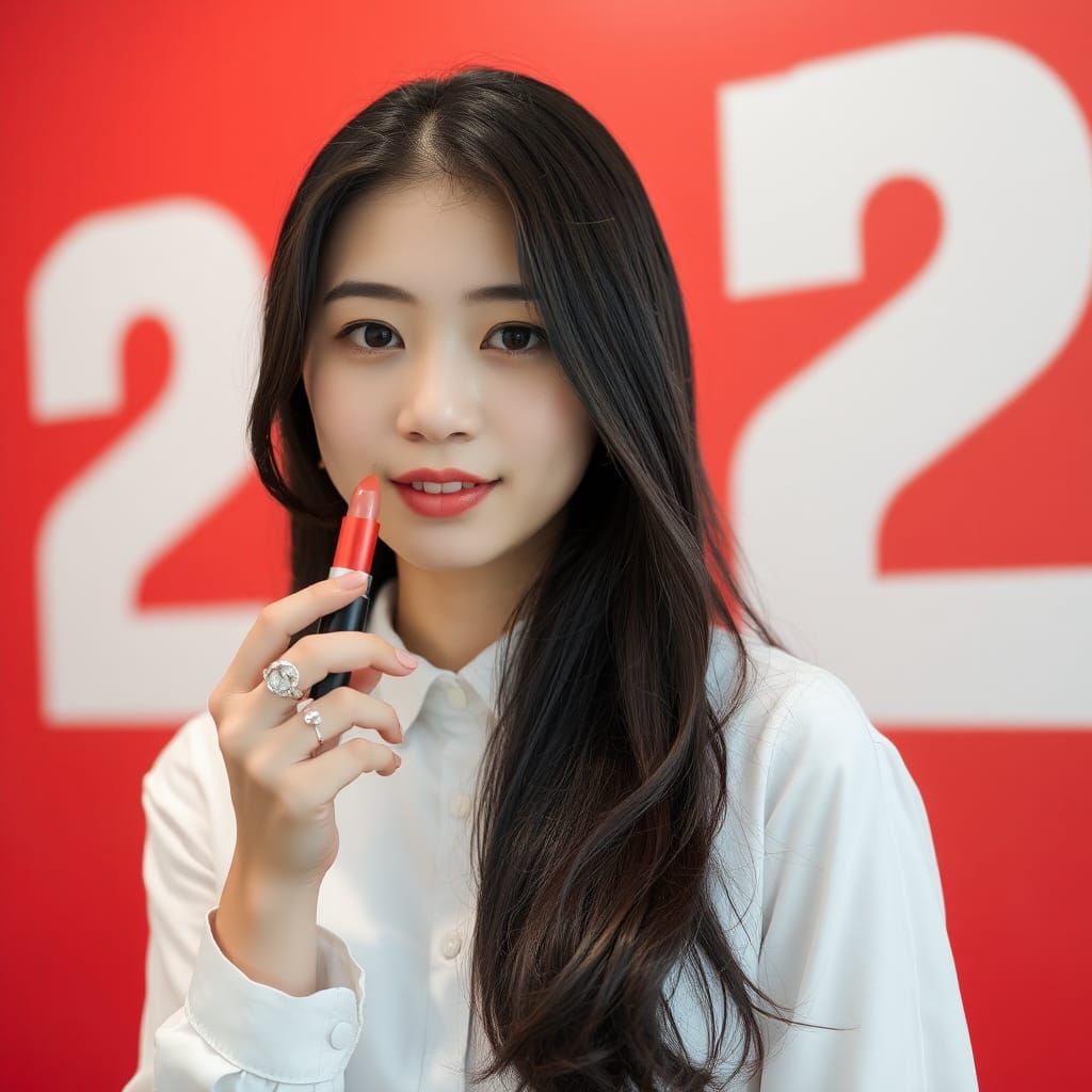Korean Woman with Lipstick in Front of Red 2024 Wall