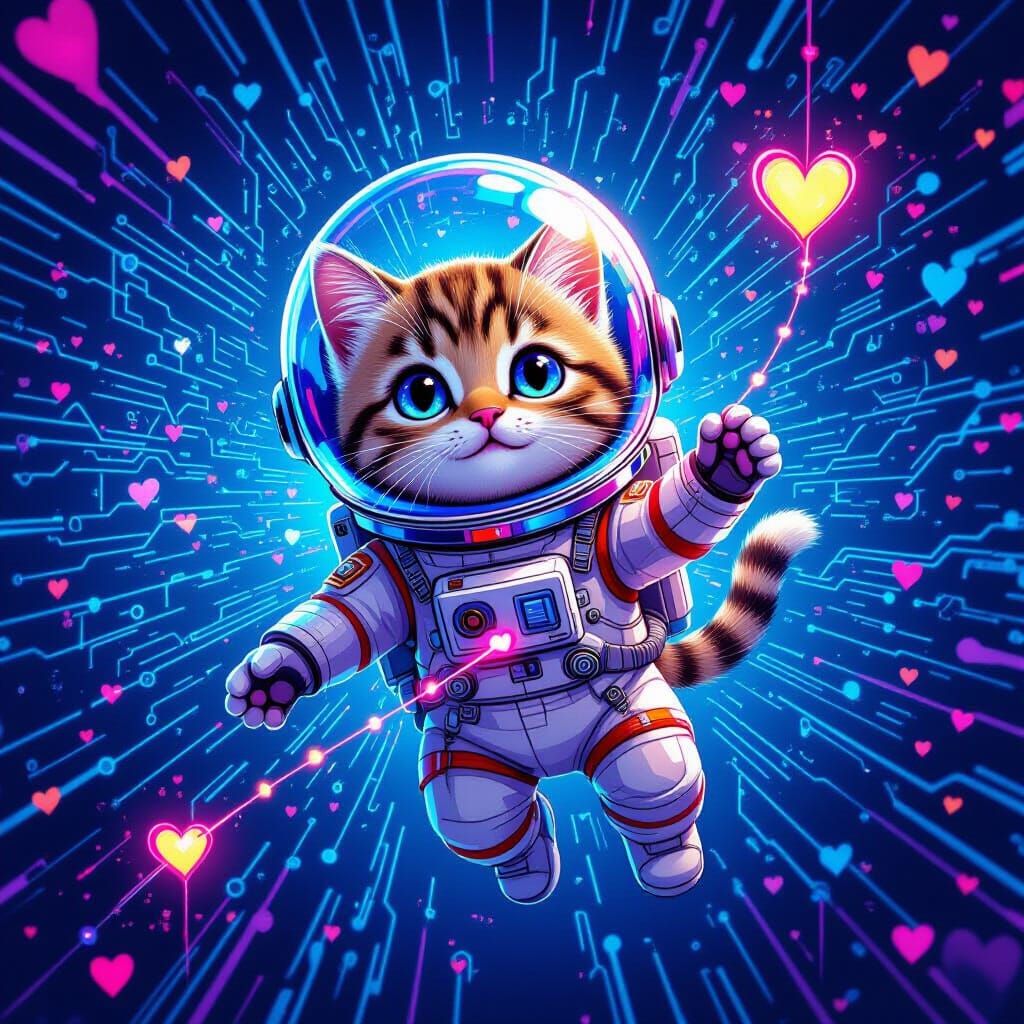 Astronaut Cat in Digital Realm, Tethered by Hearts