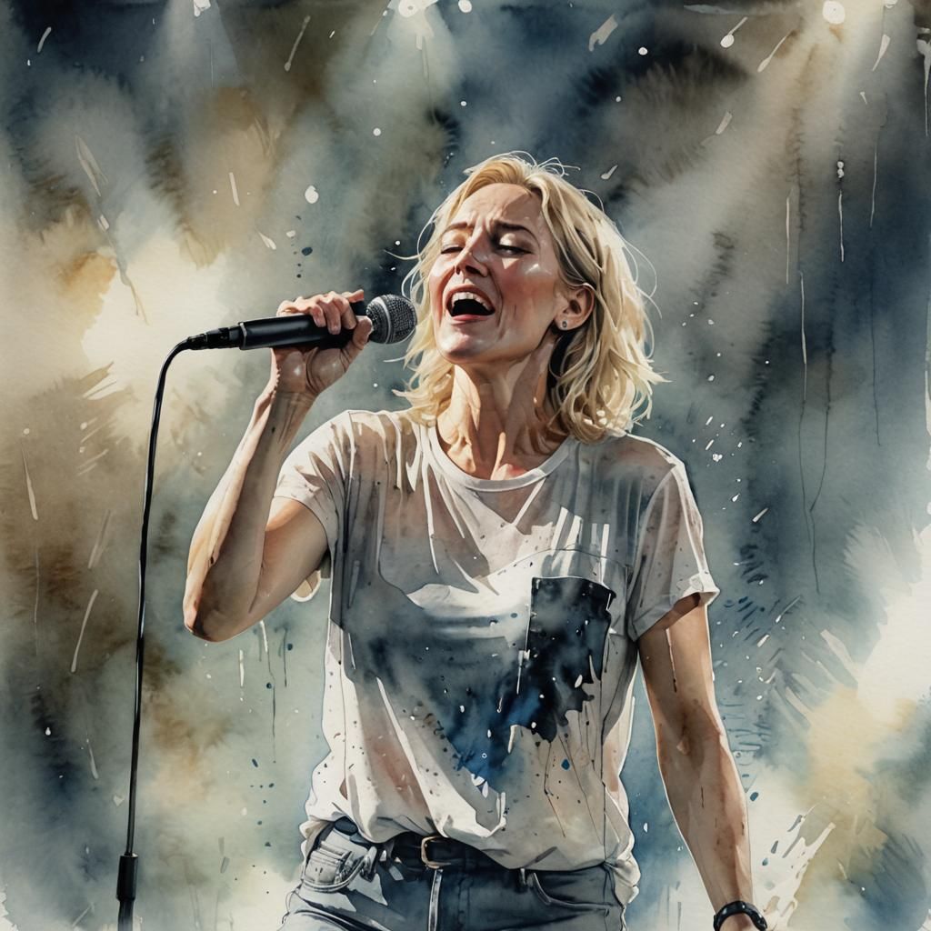 Blonde Woman Singing On Stage in Watercolour
