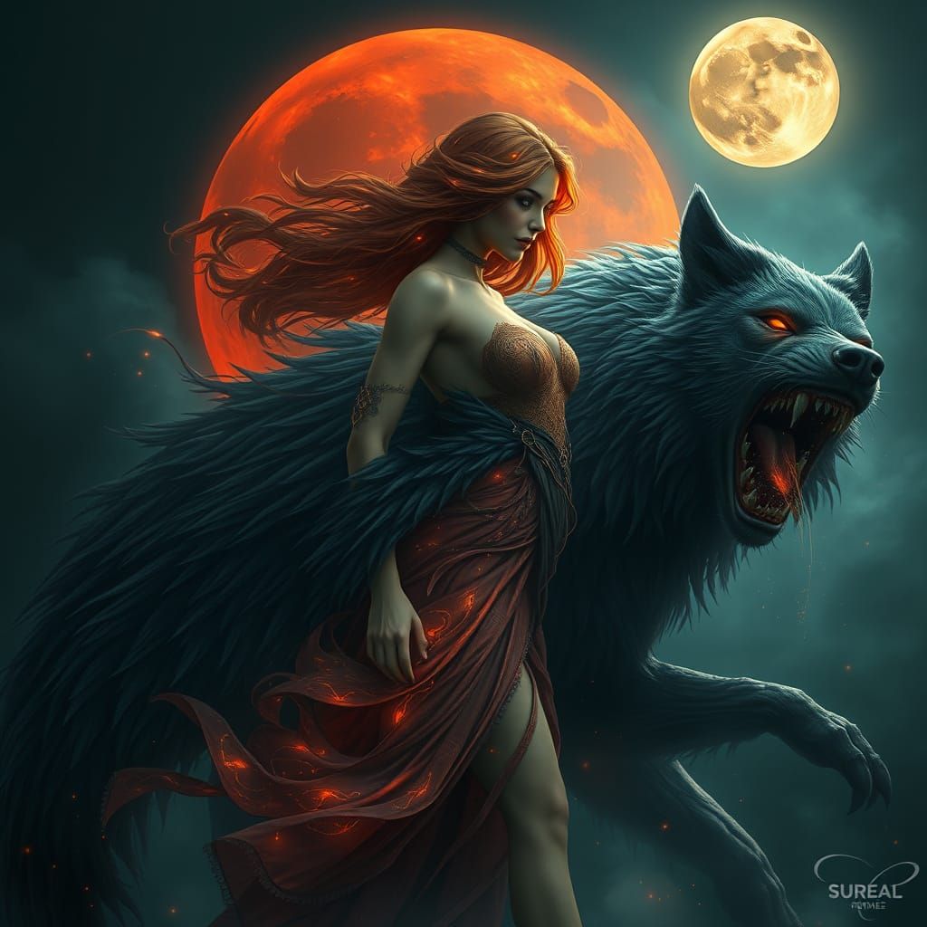 Mystical, Savage Woman under Blood Moon in a Fantastical Dre...