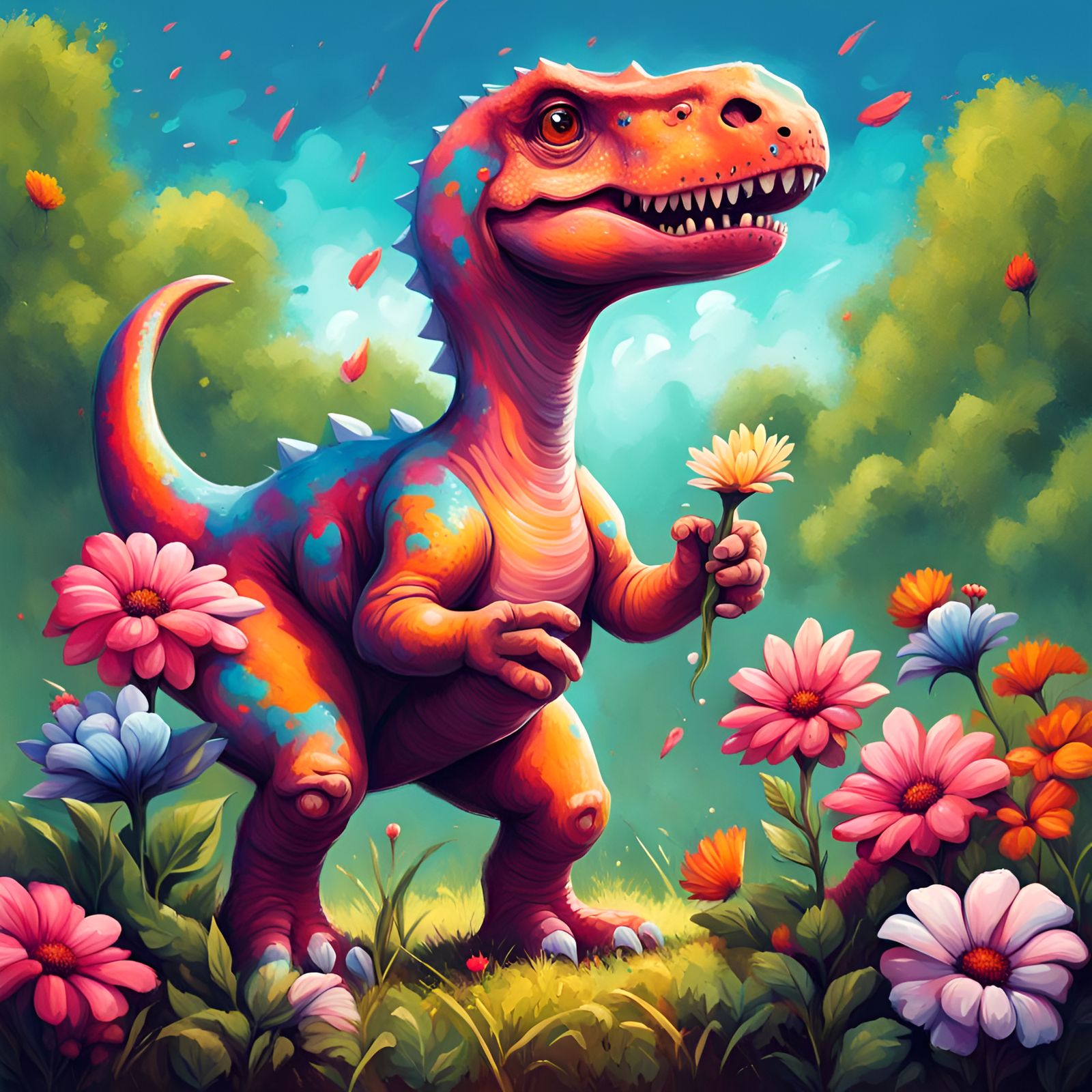 Cute Dinosaur with Flowers in Graffiti Art Style