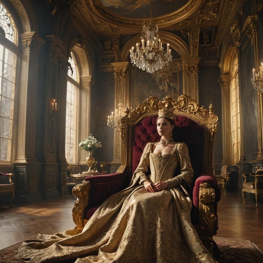 Opulent Queen on Throne in Gothic Grandeur