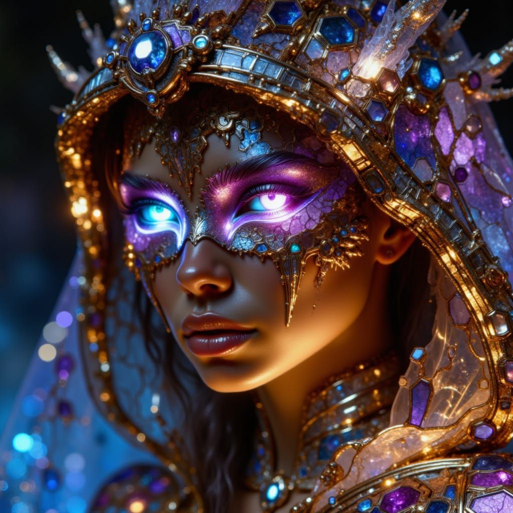 Glowing Portrait with Crystal Rust and Metallic Accents