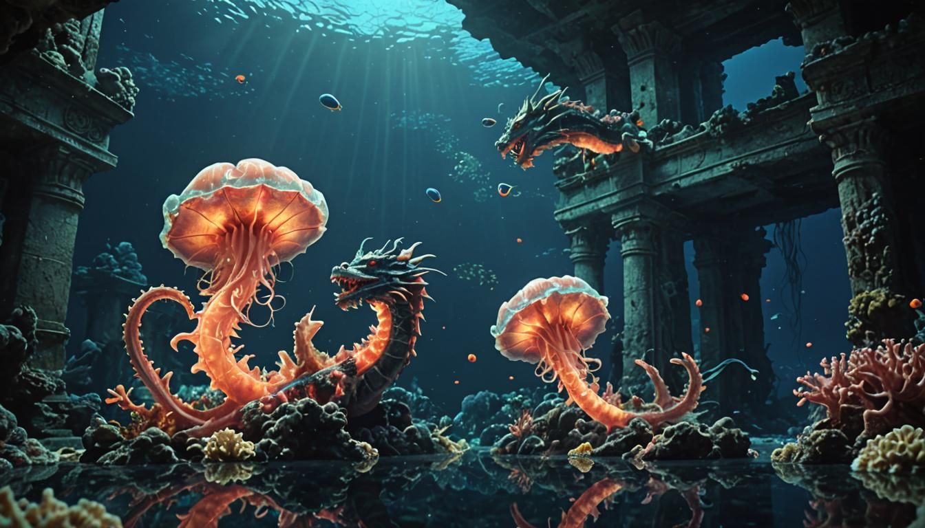 Dragons Clash in Bioluminescent Underwater Ruins
