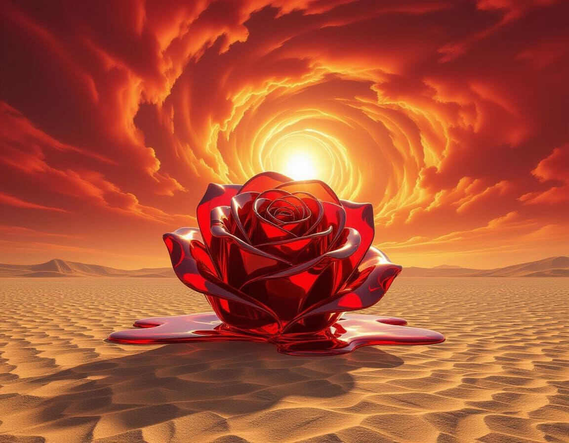 Fiery Rose Blooms in Surreal Desert Landscape