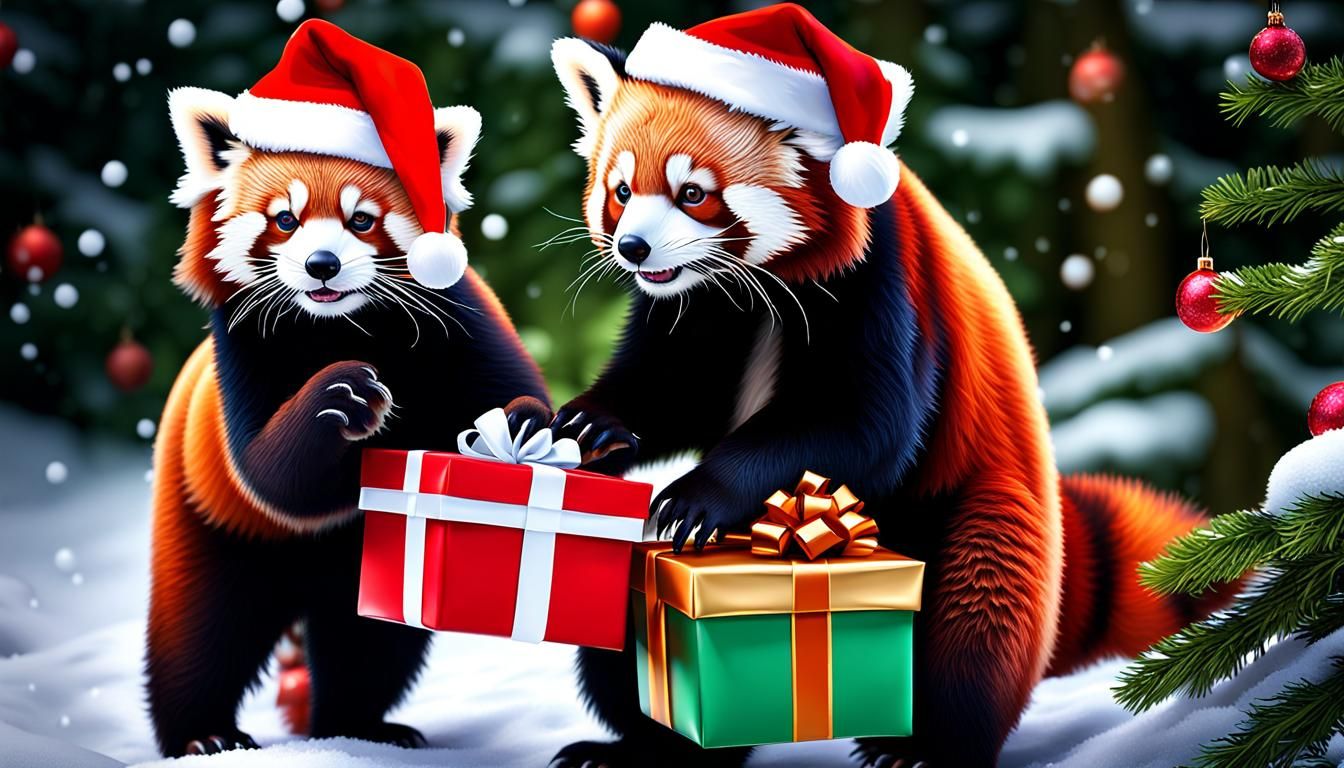 Festive Red Pandas Exchange Gifts in Winter Forest