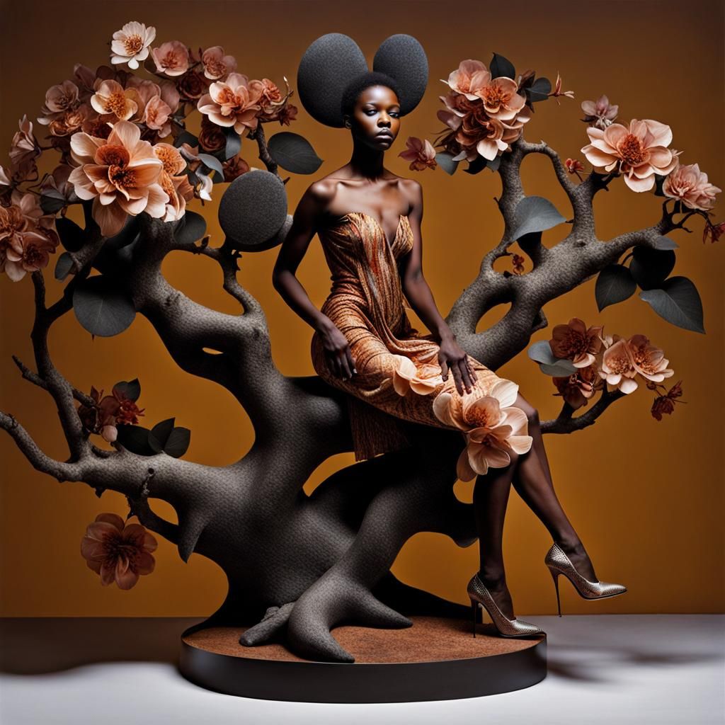 Girl on Tree: Intricate African-Inspired Sculpture