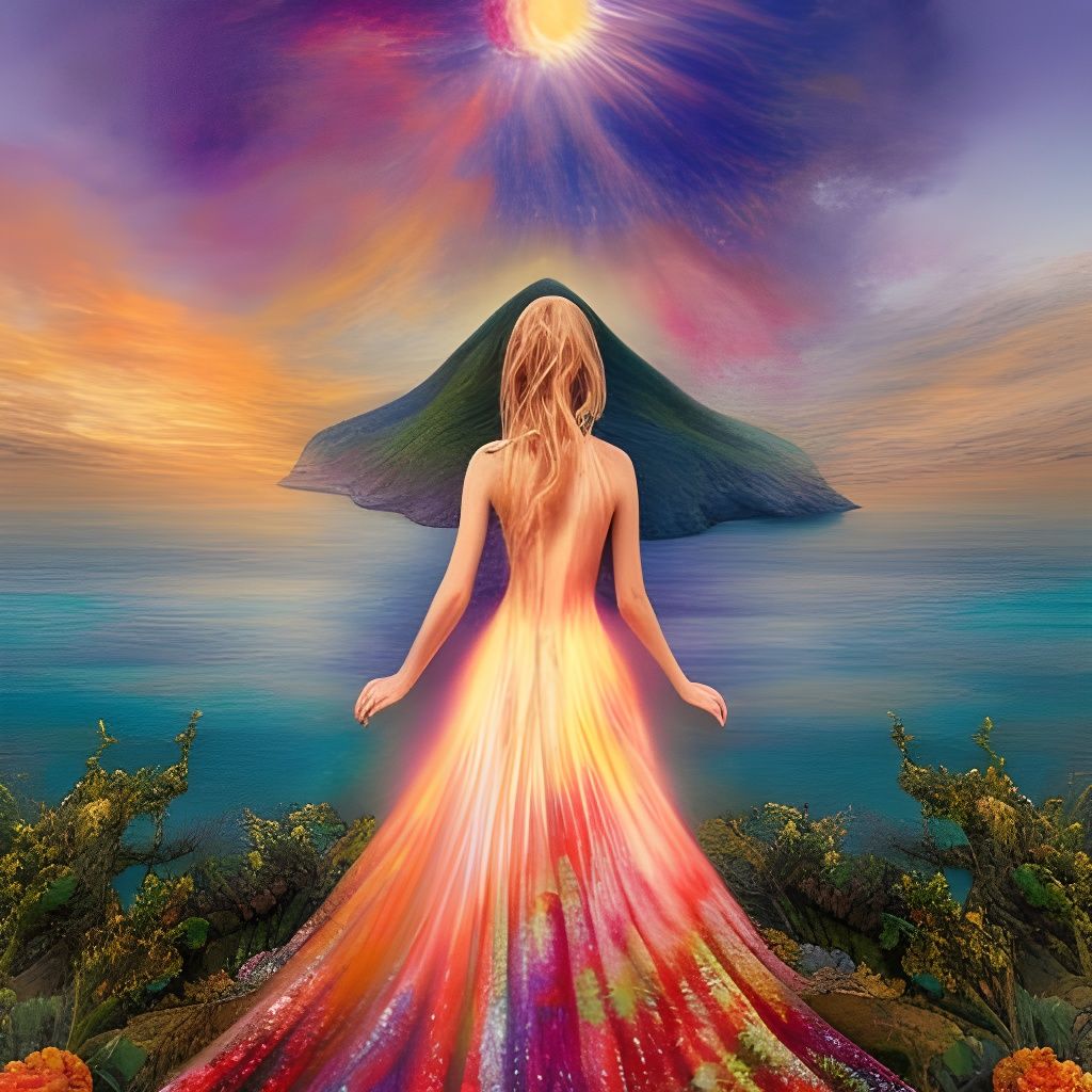 Woman on Beach with Rose Pergola, Botanical Art