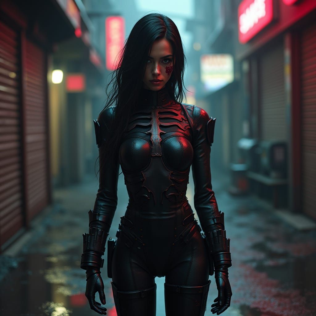 Cyberpunk Leotard with Armor in Gritty Alley