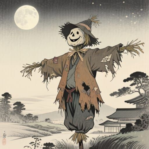 Moonlit Scarecrow in Japanese Landscape, Ukiyo-e Style