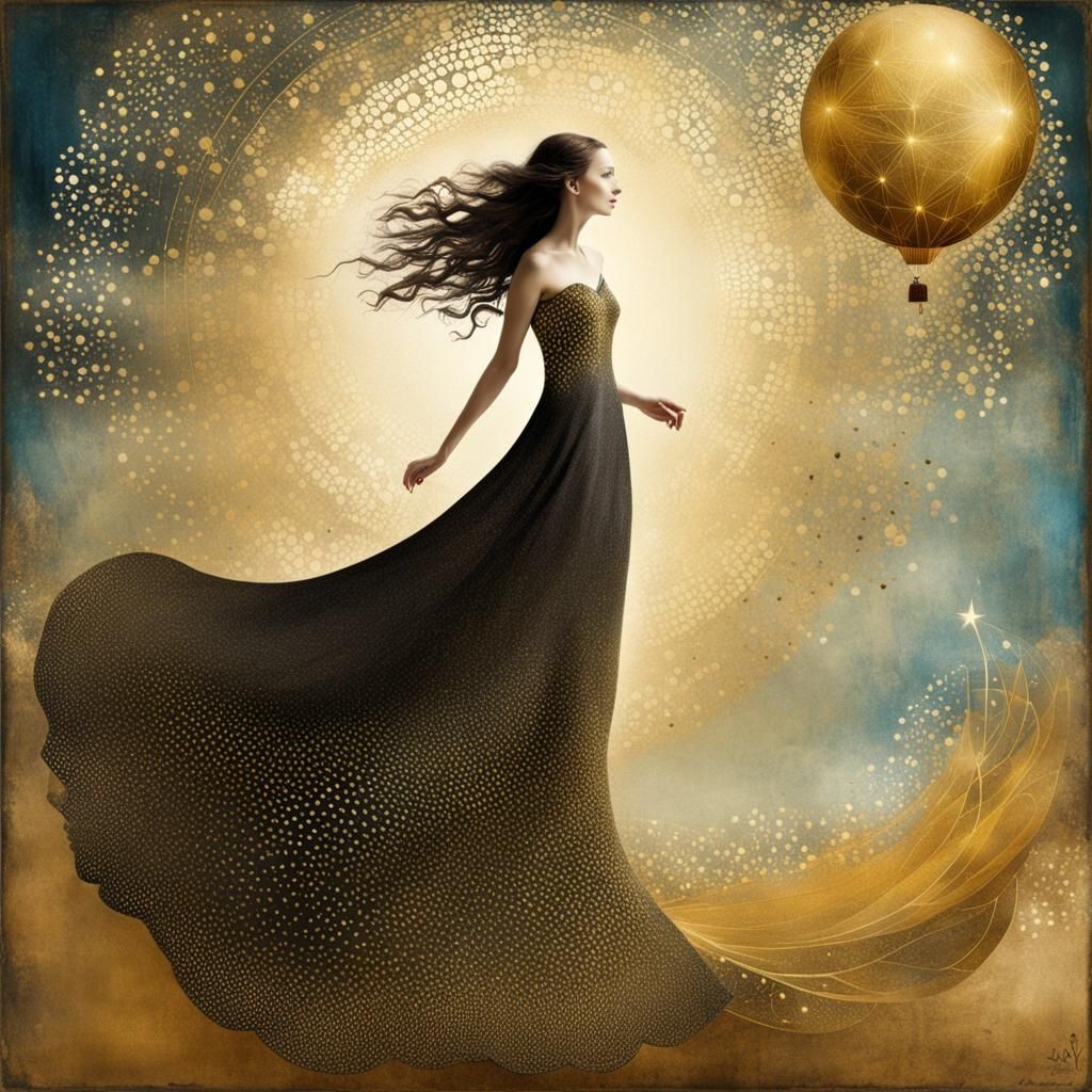 Mysterious Woman in Flowing Dress: Mixed Media Art