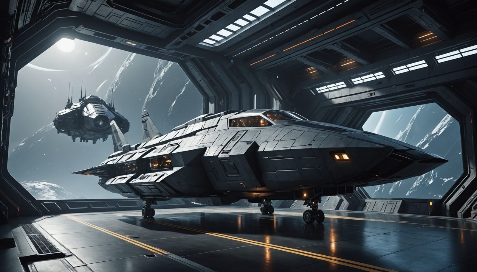 Luxurious Futuristic Space Frigate Landing in Space Dock