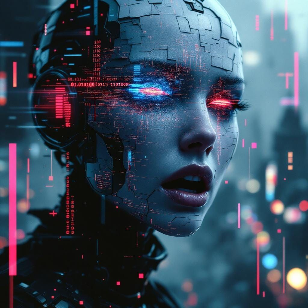 Futuristic Cyborg Glitch Portrait in Cyberpunk Style