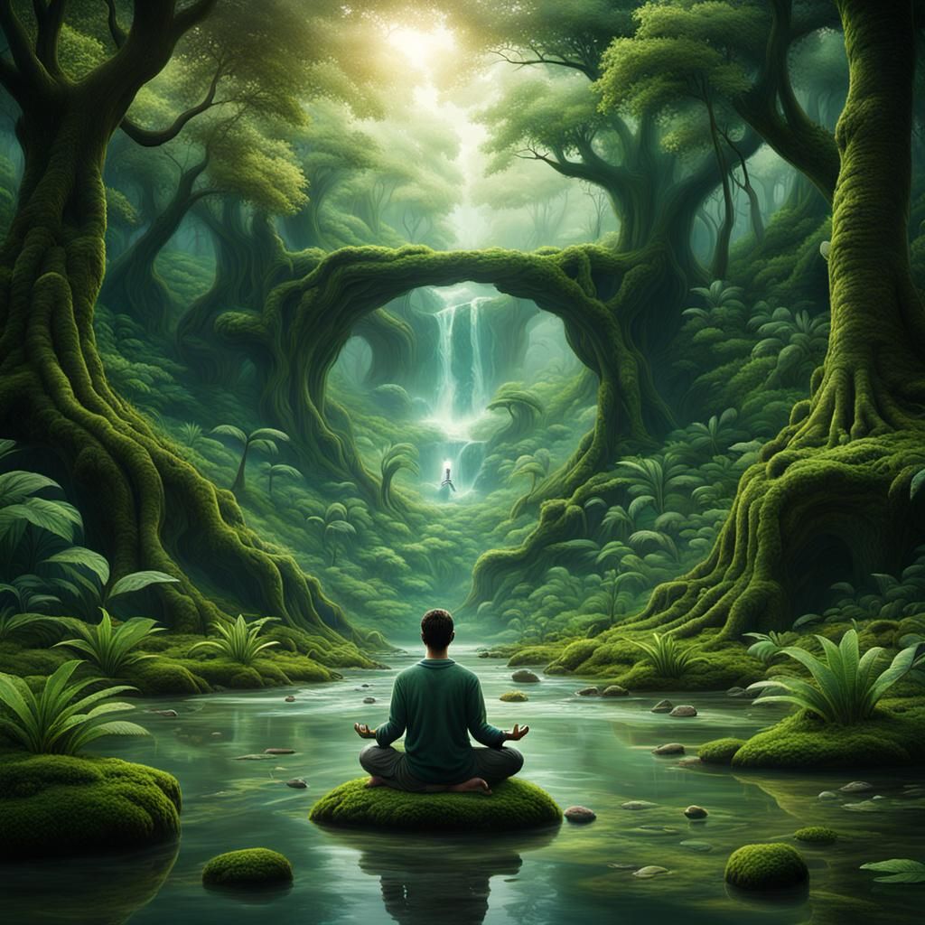 Meditating Figure in Lush Forest: Spiritual Evolution