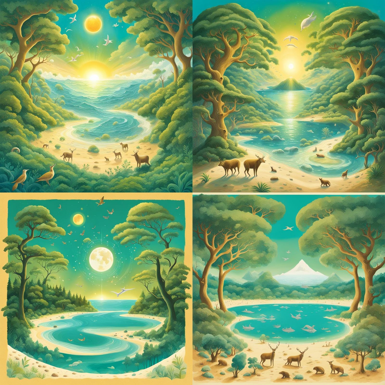Three Interconnected Worlds: Beach, Forest, and Mountains