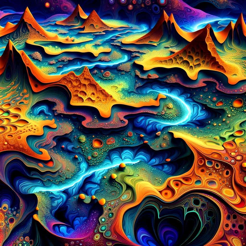 Alien Landscape with Glowing Rivers: Bird's Eye View