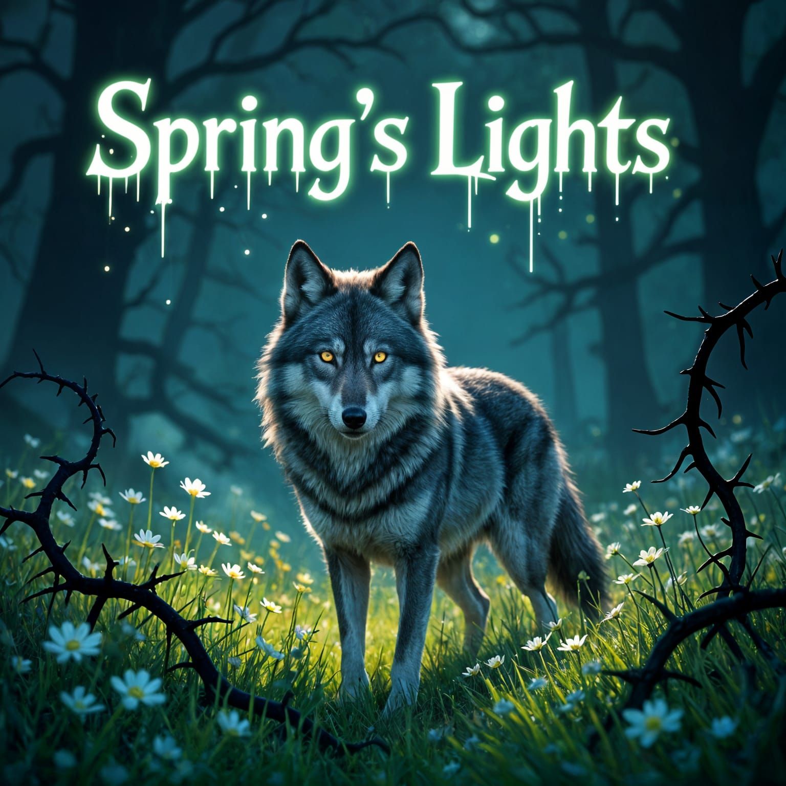 Wolf with Dual Colored Eyes in Misty Spring Meadow