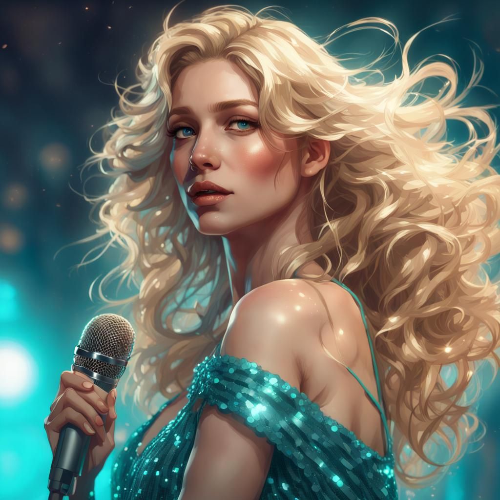 Blonde Singer in Turquoise Dress, Hyperdetailed Portrait