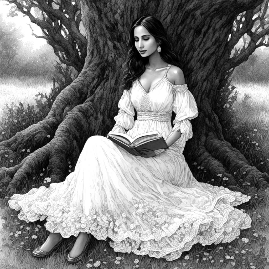 Girl Reading Book in Black and White Ink Style