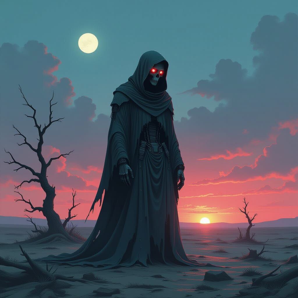 Glitching Android Grim Reaper on Windswept Plain