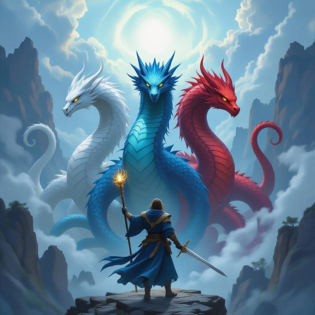 Fantasy Hydra Faces Wizard with Staff and Sword