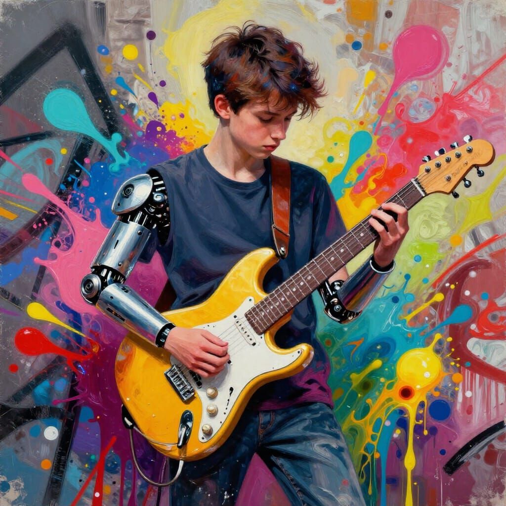 Teen Boy Plays Robotic Guitar with Graffiti Art Style