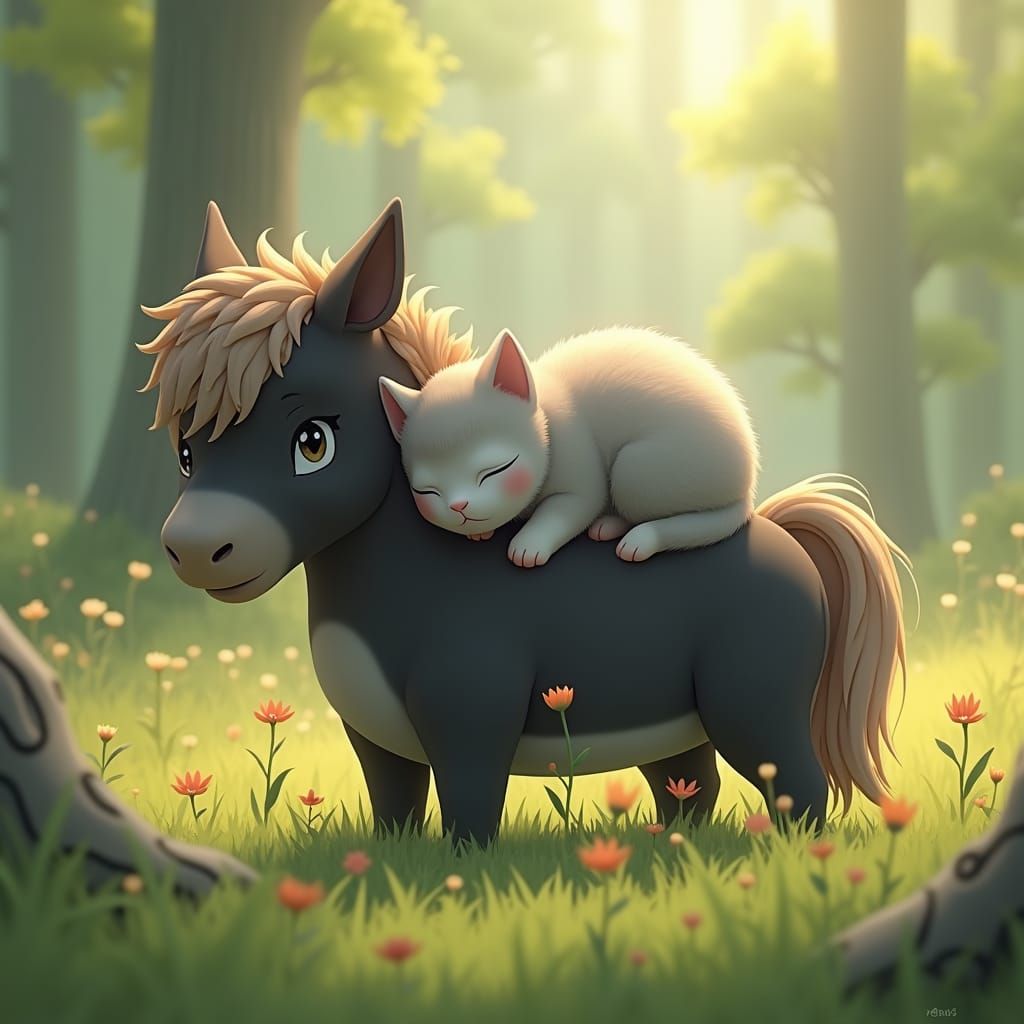 Kitten Nap on Shetland Pony in 3D Anime Style