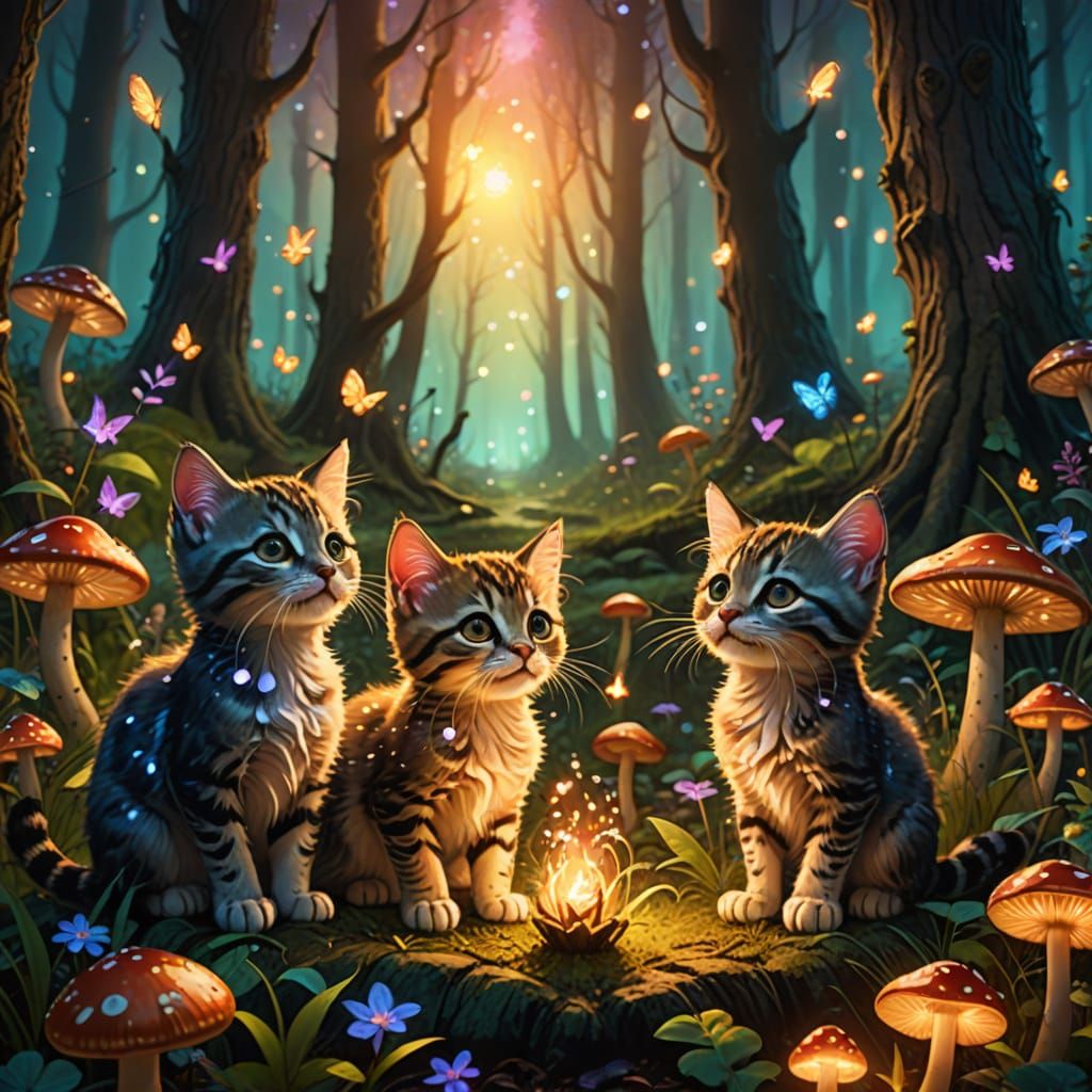 Magical Kittens Casting Spells in Enchanted Forest