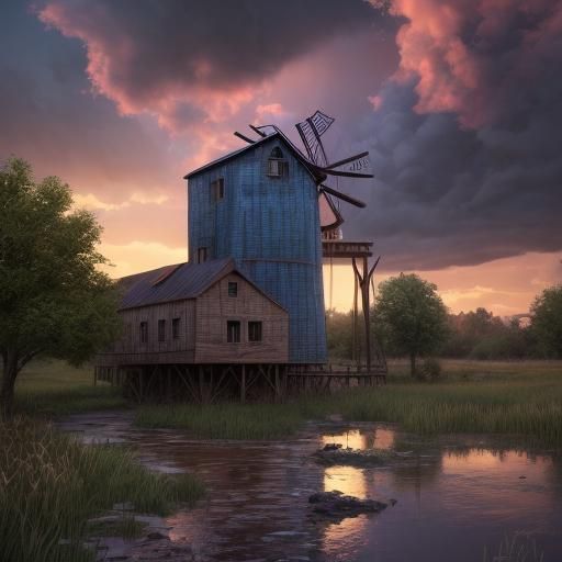 Stormy Mill: Hyperrealistic Splash Art Concept