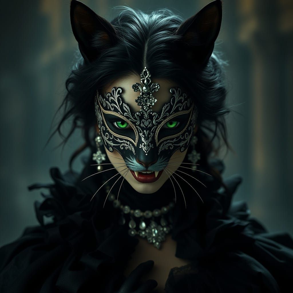 Seductive Feline Vampire Reveals Ivory Fangs in 18th-Century...