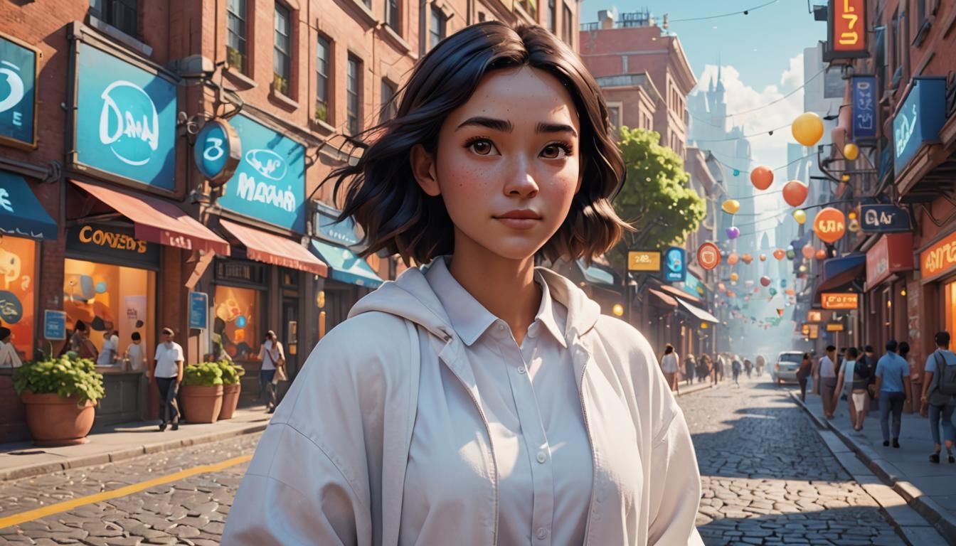 Young Woman in White on Future Street, 3D Art